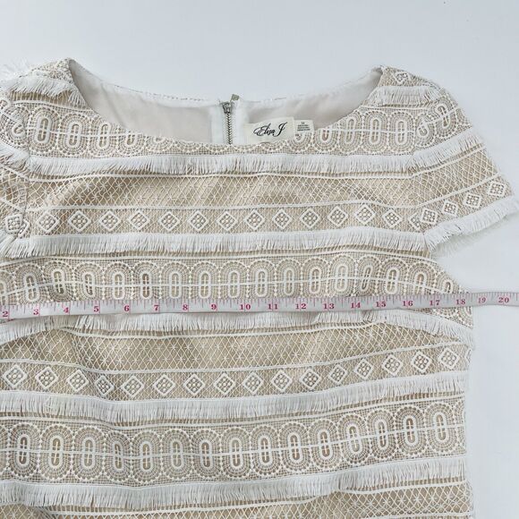 Eliza J Womens Dress Size 12 White Lace Overlay Fringe Cap Sleeve Shift Mini - Picture 9 of 12